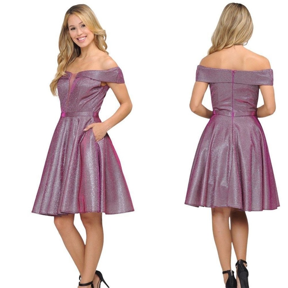Ed Young Junior Off-Shoulder Magenta Homecoming Short Dress with Pockets